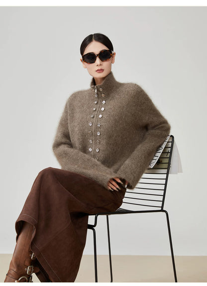 Luxurious fluffy cardigan with shiny buttons