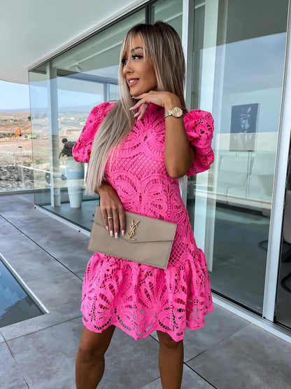 Spitzenkleid mit Puffärmeln in 4 Farben