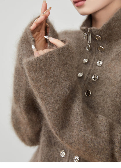 Luxurious fluffy cardigan with shiny buttons
