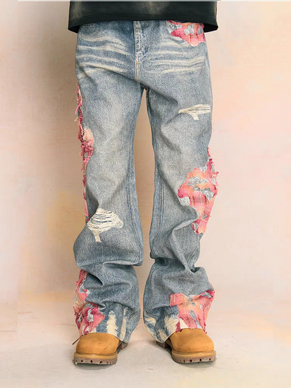 Patchwork Distressed Denim Jeans