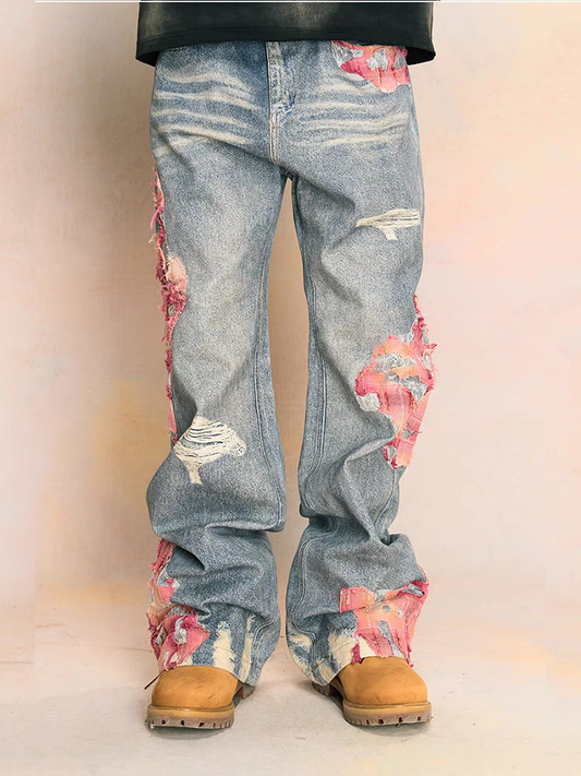 Patchwork Distressed Denim Jeans