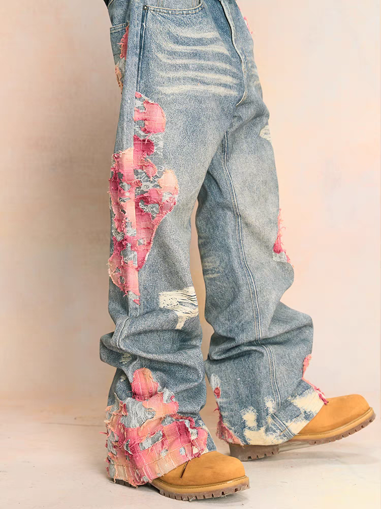 Patchwork Distressed Denim Jeans
